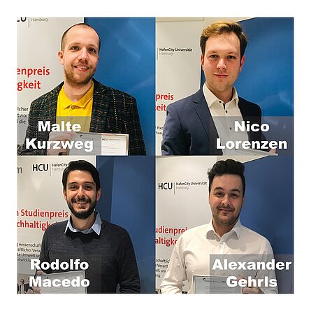 Die Preisträger des Holcim Studienpreises für Nachhaltigkeit 2020: Malte Kurzweg, Nils Lorenzen, Rodolfo Macedo, Alexander Gehrls Fotocollage der vier Preisträger, jeweils mit ihrer Urkunde in der Hand