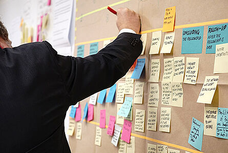 Mitarbeiter vor Projektplanwand mit diversen Post-It-Zetteln