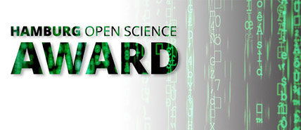 Logo des Hamburg Open Sciene Awards: Grüne Schrfit mit digitalen Zeichenketten im Hintergrund